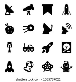 Solid vector icon set - satellite antenna vector, telescope, flag, rocket, moon, first, laser, rover, hdd, tethers, ufo toy, robot