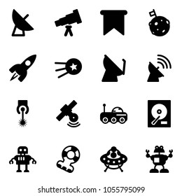 Solid vector icon set - satellite antenna vector, telescope, flag, moon, rocket, first, laser, rover, hdd, robot, tethers, ufo toy