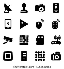 Solid vector icon set - satellite antenna vector, stamp, camera, mobile payment, play, mouse wireless, remote control, surveillance, binary code, micro flash card, wi fi router, cpu, server, circuit