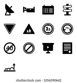 Solid vector icon set - satellite antenna vector, hotel, schedule, road signpost sign, giving way, children, limited height, distance, end speed limit, no parking, presentation board, agreement