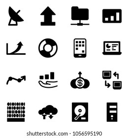 Solid vector icon set - satellite antenna vector, uplooad, network folder, statistics, growth arrow, circle chart, mobile, monitor, point, dollar, data exchange, binary code, cloud, hdd, server