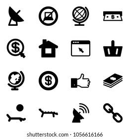 Solid vector icon set - satellite antenna vector, no computer sign, globe, cash, money click, home, cursor browser, basket, dollar, finger up, lounger, link