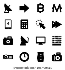 Solid vector icon set - satellite antenna vector, right arrow, bitcoin, monero, mobile payment, calculator, cursor, fast forward, camera, monitor, binary code, projector, clock, chip