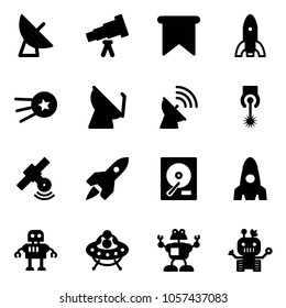 Solid vector icon set - satellite antenna vector, telescope, flag, rocket, first, laser, hdd, robot, ufo toy