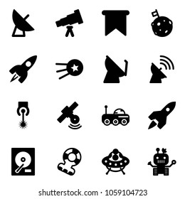 Solid vector icon set - satellite antenna vector, telescope, flag, moon, rocket, first, laser, rover, hdd, teethers, ufo toy, robot