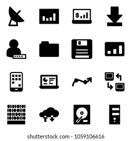 Solid vector icon set - satellite antenna vector, statistics, account, download, user password, folder, save, mobile, monitor, chart point arrow, data exchange, binary code, cloud, hdd, server