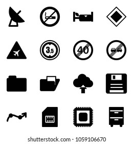 Solid vector icon set - satellite antenna vector, no smoking sign, hotel, main road, airport, limited height, end speed limit, overtake, folder, upload cloud, save, chart point arrow, sim, cpu