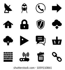 Solid vector icon set - satellite antenna vector, train, phone, right arrow, home, locked, shield, download cloud, upload, play, chat, basket, binary code, wi fi router, trash bin, link