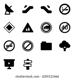 Solid vector icon set - satellite antenna vector, escalator up, down, no smoking sign, main road, children, truck, end speed limit, overtake, parking, folder, upload cloud, presentation board