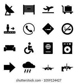 Solid vector icon set - satellite antenna vector, fenced area, departure, baggage, travolator, phone, smoking sign, no, vip waiting, disabled, passport, right arrow, storm, plane