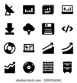Solid vector icon set - satellite antenna vector, statistics, report, account, download, upload cloud, save, tag code, circle chart, monitor, growth, rise, cd, binary, tool cabinet