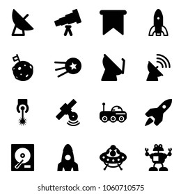 Solid vector icon set - satellite antenna vector, telescope, flag, rocket, moon, first, laser, rover, hdd, ufo toy, robot