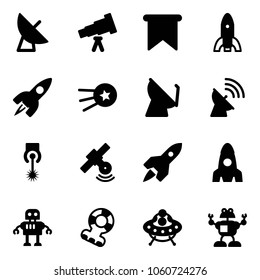Solid vector icon set - satellite antenna vector, telescope, flag, rocket, first, laser, robot, teethers, ufo toy