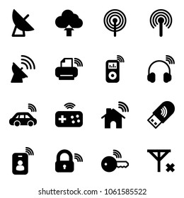Solid vector icon set - satellite antenna vector, upload cloud, printer wireless, music player, headphones, car, joystick, home, usb wi fi, identity card, lock, key, no signal