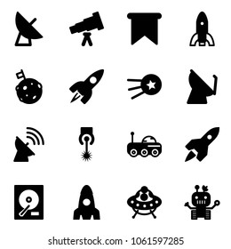 Solid vector icon set - satellite antenna vector, telescope, flag, rocket, moon, first, laser, rover, hdd, ufo toy, robot