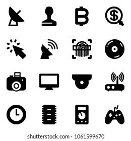 Solid vector icon set - satellite antenna vector, stamp, bitcoin, money click, cursor, fingerprint scanner, cd, camera, monitor, surveillance, wi fi router, clock, chip, multimeter, joystick