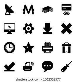 Solid vector icon set - satellite antenna vector, monero, cash, tap pay, monitor cursor, gear, download, delete cross, time, star, printer, pennant, check, wireless, chat, screwdriver