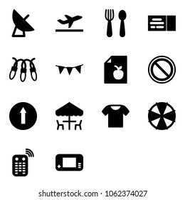 Solid vector icon set - satellite antenna vector, departure, spoon and fork, ticket, garland, flag, diet list, prohibition road sign, only forward, outdoor cafe, t shirt, parasol, remote control