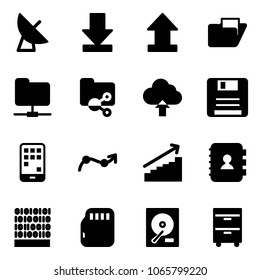 Solid vector icon set - satellite antenna vector, download, uplooad, folder, network, shared, upload cloud, save, mobile, chart point arrow, growth, contact book, binary code, micro flash card, hdd