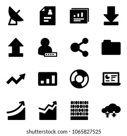 Solid vector icon set - satellite antenna vector, patient card, statistics report, download, uplooad, user password, share, folder, growth arrow, circle chart, monitor, rise, binary code