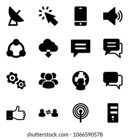 Solid vector icon set - satellite antenna vector, cursor, phone, volume medium, social, download cloud, chat, gears, group, man globe, dialog, finger up, information exchange, server