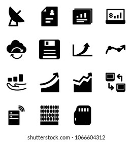 Solid vector icon set - satellite antenna vector, patient card, statistics report, account, refresh cloud, save, growth arrow, chart point, rise, data exchange, server wireless, binary code