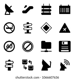 Solid vector icon set - satellite antenna vector, escalator up, sign post, schedule, no smoking, road signpost, main, airport, end speed limit, parking, network folder, save, data exchange