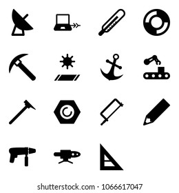 Solid vector icon set - satellite antenna vector, notebook connect, thermometer, lifebuoy, rock axe, mat, anchor, conveyor, mason hammer, nut, metal hacksaw, pencil, drill machine, pipe welding