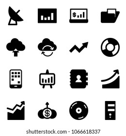 Solid vector icon set - satellite antenna vector, statistics, account, folder, upload cloud, refresh, growth arrow, circle chart, mobile, presentation, contact book, rise, dollar, cd, server
