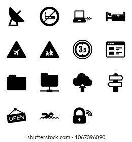 Solid vector icon set - satellite antenna vector, no smoking sign, notebook connect, hotel, airport road, children, limited height, website, folder, network, upload cloud, signpost, open, swimming