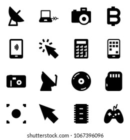 Solid vector icon set - satellite antenna vector, notebook connect, camera, bitcoin, mobile payment, cursor, calculator, photo, cd, micro flash card, record button, chip, joystick