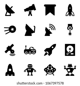 Solid vector icon set - satellite antenna vector, telescope, flag, rocket, first, laser, moon rover, hdd, robot, ufo toy