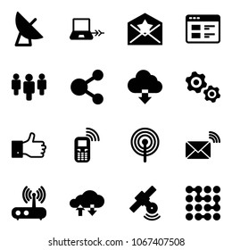 Solid vector icon set - satellite antenna vector, notebook connect, star letter, website, group, share, download cloud, gears, finger up, mobile phone, wireless mail, wi fi router, exchange data