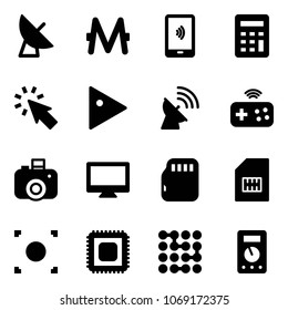 Solid vector icon set - satellite antenna vector, monero, mobile payment, calculator, cursor, play, joystick wireless, camera, monitor, micro flash card, sim, record button, cpu, circuit, multimeter