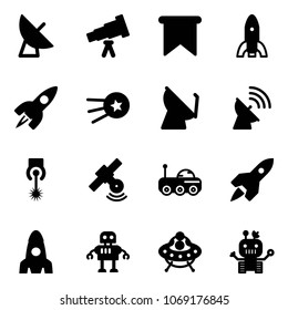 Solid vector icon set - satellite antenna vector, telescope, flag, rocket, first, laser, moon rover, robot, ufo toy