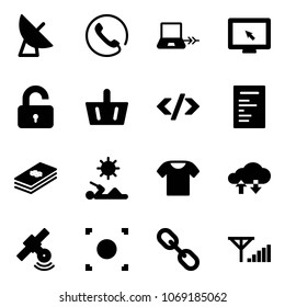 Solid vector icon set - satellite antenna vector, phone, notebook connect, monitor cursor, unlocked, basket, tag code, document, dollar, reading, t shirt, cloud exchange data, record button, link