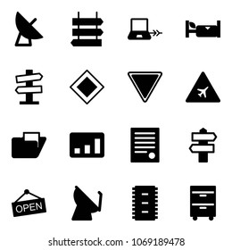 Solid vector icon set - satellite antenna vector, sign post, notebook connect, hotel, road signpost, main, giving way, airport, folder, statistics, agreement, open, chip, tool cabinet