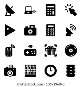 Solid vector icon set - satellite antenna vector, notebook connect, calculator, cursor, play, camera, remote control, joystick wireless, fingerprint scanner, cd, binary code, clock, chip
