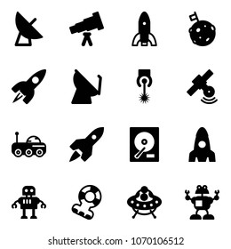 Solid vector icon set - satellite antenna vector, telescope, rocket, moon flag, laser, rover, hdd, robot, teethers, ufo toy