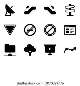 Solid vector icon set - satellite antenna vector, escalator up, down, road signpost sign, giving way, end overtake limit, no parking, website, network folder, upload cloud, presentation board