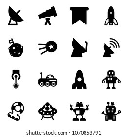 Solid vector icon set - satellite antenna vector, telescope, flag, rocket, moon, first, laser, rover, robot, teethers, ufo toy