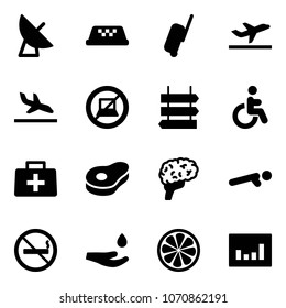 Solid vector icon set - satellite antenna vector, taxi, suitcase, departure, arrival, no computer sign, post, disabled, doctor bag, meat, brain, push ups, smoking, drop hand, lemon slice, statistics
