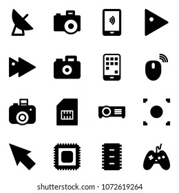 Solid vector icon set - satellite antenna vector, camera, mobile payment, play, fast forward, mouse wireless, sim, projector, record button, cursor, cpu, chip, joystick