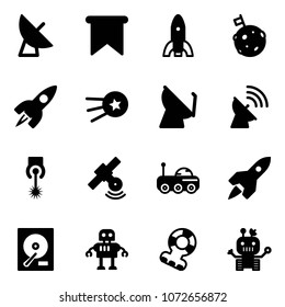 Solid vector icon set - satellite antenna vector, flag, rocket, moon, first, laser, rover, hdd, robot, teethers