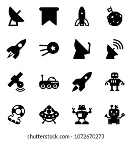 Solid vector icon set - satellite antenna vector, flag, rocket, moon, first, rover, robot, teethers, ufo toy