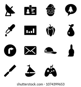 Solid vector icon set - satellite antenna vector, identity, santa claus, merry christmas message, pipette, statistics, sweet pepper, pear, only right road sign, mail, cap, brush, rasp, sailboat toy