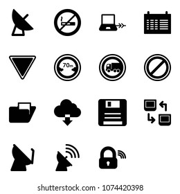Solid vector icon set - satellite antenna vector, no smoking sign, notebook connect, schedule, giving way road, limited distance, truck, parking, folder, download cloud, save, data exchange