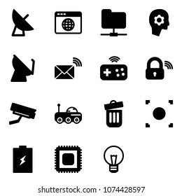 Solid vector icon set - satellite antenna vector, browser globe, network folder, brain work, wireless mail, joystick, lock, surveillance camera, moon rover, trash bin, record button, battery, cpu