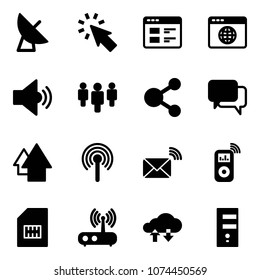 Solid vector icon set - satellite antenna vector, cursor, website, browser globe, volume medium, group, share, dialog, arrow up, wireless mail, music player, sim, wi fi router, cloud exchange data