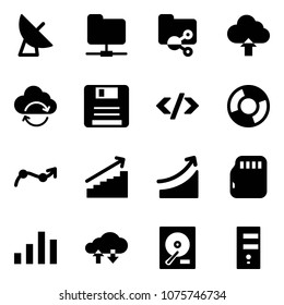 Solid vector icon set - satellite antenna vector, network folder, shared, upload cloud, refresh, save, tag code, circle chart, point arrow, growth, rise, micro flash card, exchange data, hdd, server